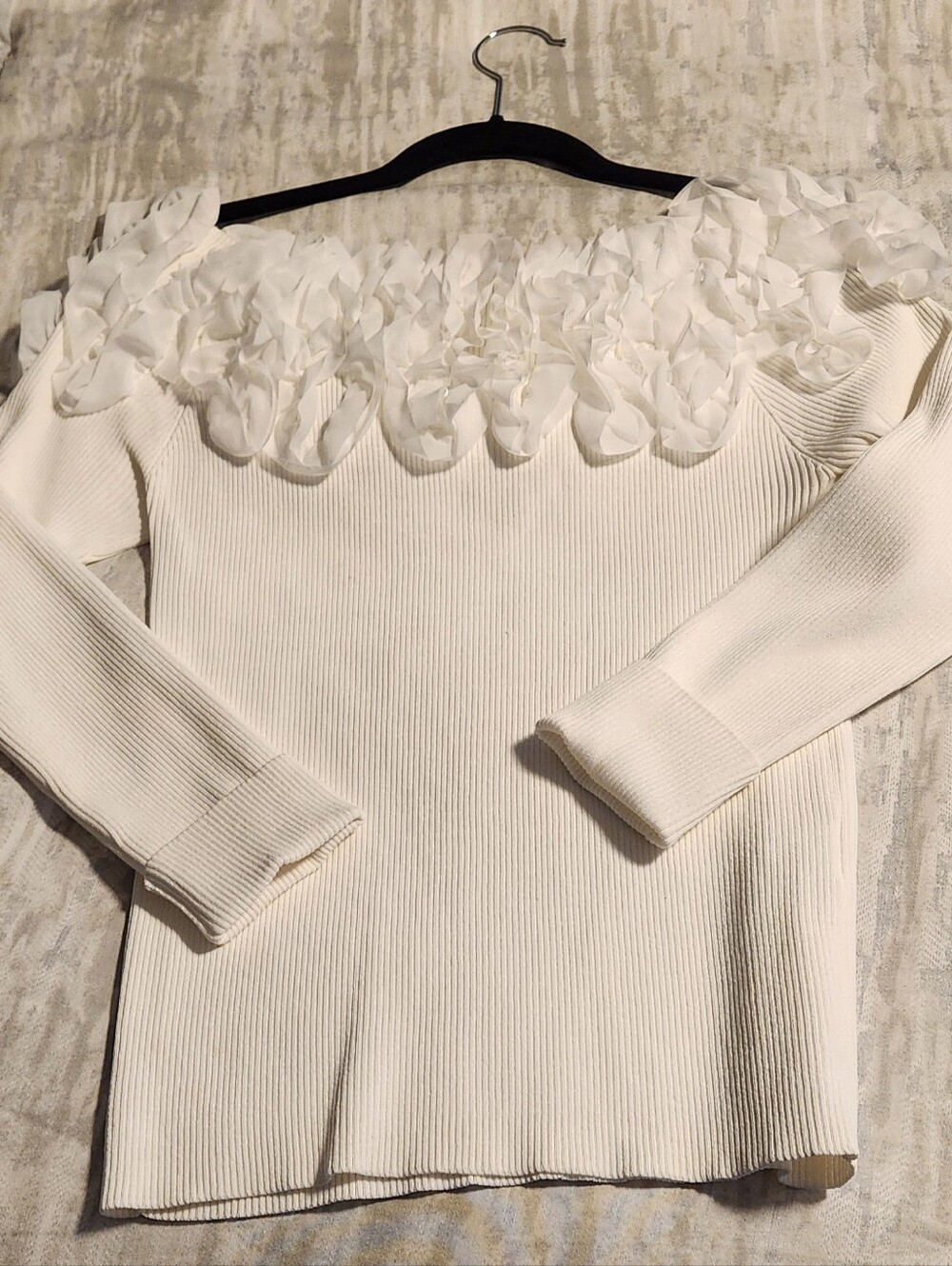 Brian Bailey Off-Shoulder White Ruffle Neck Knit Top
